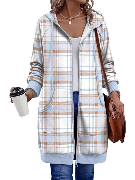 Tops - Women's White Blue Plaid Oversized Fleece Hoodie Full Zip Pocket Jacket Top